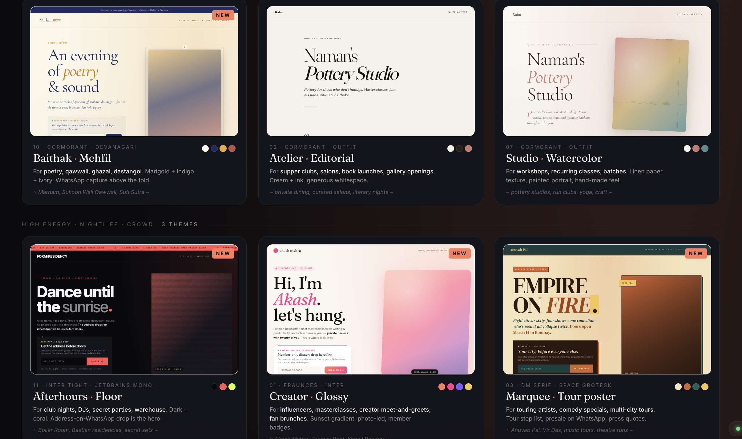 Kahu editor gallery showing Baithak, Atelier, Studio, Afterhours, Creator, and Marquee event page themes